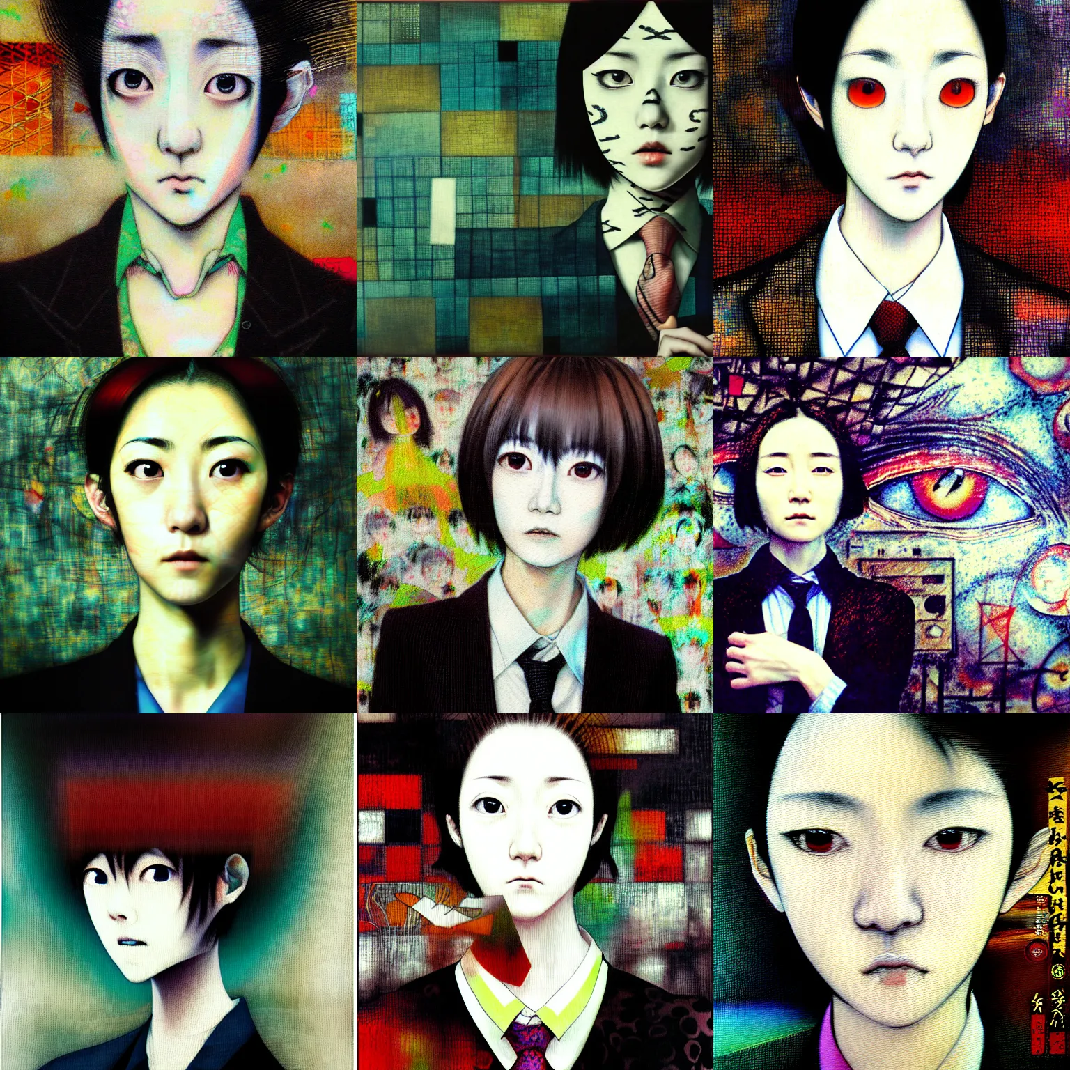 Image similar to yoshitaka amano blurred and dreamy realistic three quarter angle portrait of a young woman with short hair and black eyes wearing office suit with tie, junji ito abstract patterns in the background, satoshi kon anime, noisy film grain effect, highly detailed, renaissance oil painting, weird portrait angle, blurred lost edges