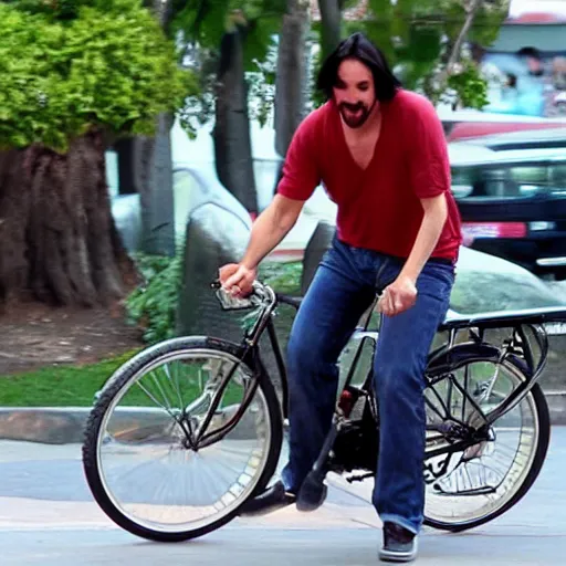 Image similar to Keanu Reeves eating ice cream on a bicycle