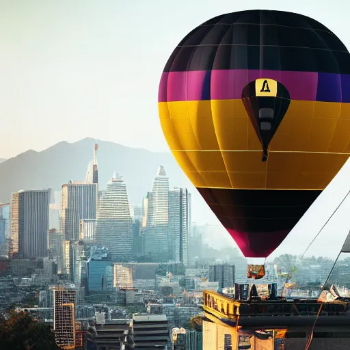 Prompt: a futuristic bauhaus neo solar punk civilization hot air balloon carrying a sign that says'have a beautiful day ', yellow calibri font, golden hour, photography, award - winning, hyper detailed, 4 k, smooth, sharp focus, trending