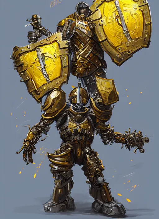 Image similar to dynamic portrait of a intricate mechanical warforged character in yellow armor holding a paladin engraved great longsword and carrying a big shield, epic , trending on ArtStation, cinematic lighting, by Jesper Ejsing