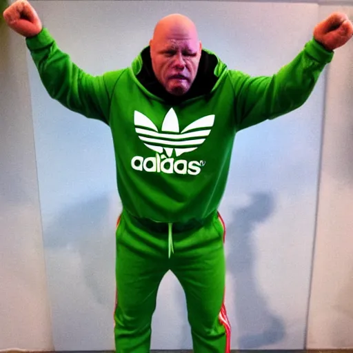 Prompt: russian squatting thanos in an adidas tracksuit