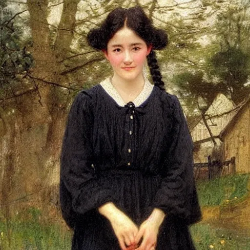 Prompt: a ((sadly)) (((smiling)))) black haired, young hungarian village maid from the 19th century who looks very similar to (((Lee Young Ae))) with a two french braids, detailed, soft focus, realistic oil painting by Henry Meynell Rheam