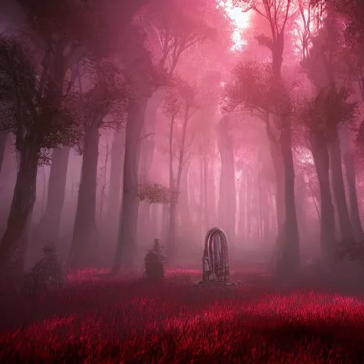 Prompt: crimson forest with a ghost in it, surreal, sharp focus, digital art, epic composition, concept art, dynamic lighting, intricate, highly detailed, 8 k, unreal engine, blender render