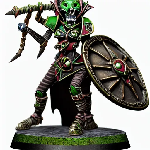 Image similar to photo of a female skaven from warhammer, skull shield, warhammer model, figurine, highly detailed, sharp focus, front lightning,