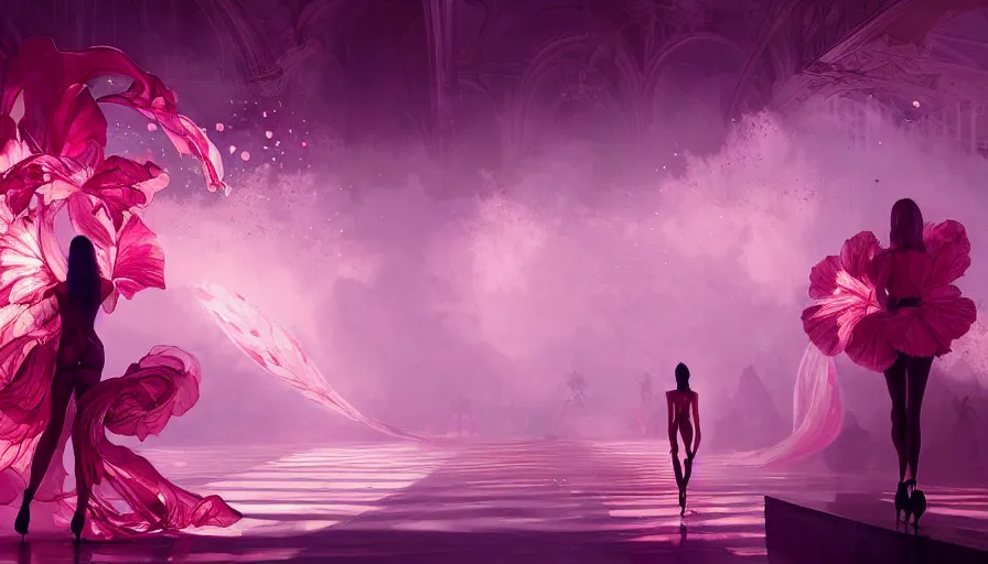 Image similar to victoria secret runway show, light, shadows, reflections, flowers, epic composition, intricate, elegant, volumetric lighting, digital painting, highly detailed, artstation, sharp focus, illustration, concept art, ruan jia, steve mccurry, artgerm and mina petrovic and timothy kong and marina federovna