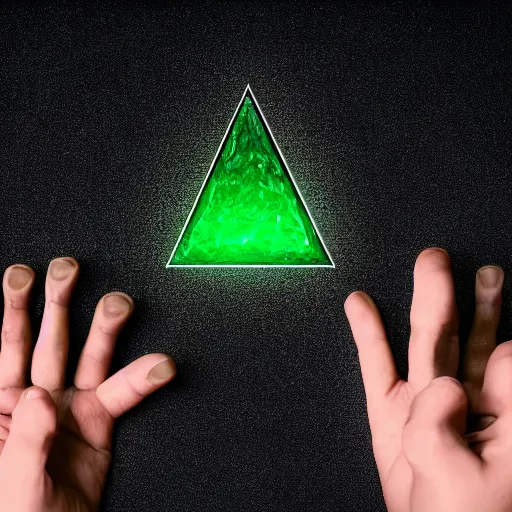 Image similar to a black gloved hand holding a dimly glowing triangular shard of kryptonite in pitch dark, black background