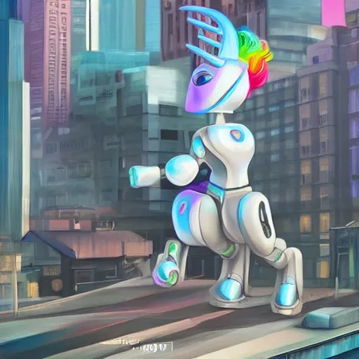 Prompt: robot unicorn in the city, trending on artstation