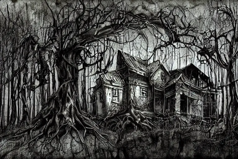 Image similar to mad horror painting of a futuristic alien witch house from another dimension in the woods by ben templesmith