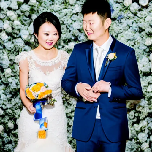 Image similar to cookie monster marrying justin sun, professional wedding photography