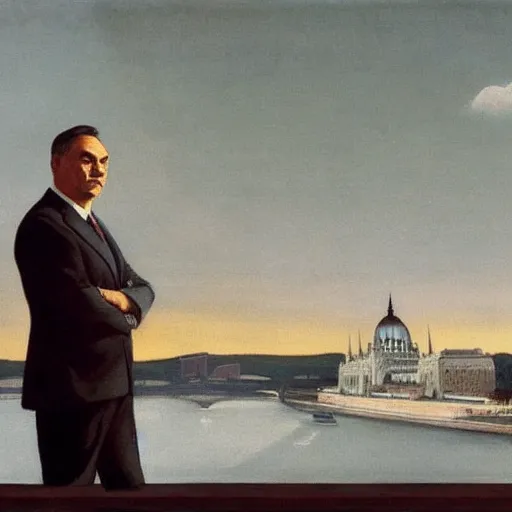 Image similar to leader of fascist hungary, viktor orban, overseeing the war torn city on the bank of danube river in budapest during the siege 2 0 2 2, by edward hopper