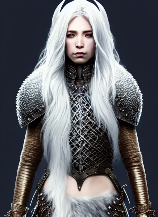 Image similar to fur leather armor!!! long wild white hair!! covered chest!!! fantasy, d & d, intricate ornate details, symmetry, concept art, sharp focus, illustration, art by artgerm! greg rutkowski magali villeneuve wlop! ilya kuvshinov!!, octane render, unreal engine 5, highly rendered!!