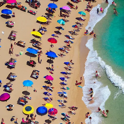 Image similar to photograph beachscapes from an almost perpendicular angle, Aerial view of sandy beach with umbrellas and sea, Aerial of a crowded sandy beach with colourful umbrellas, sun bathers and swimmers during summer, by Tommy Clarke