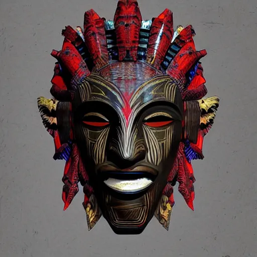 Image similar to a tribal mask in the style of Marc Simonetti