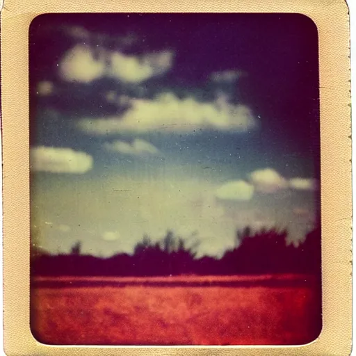 Prompt: weathered analog polaroid photo of a UFO sighting, big clouds, heavy film grain, red color bleed, depth of field, bokeh