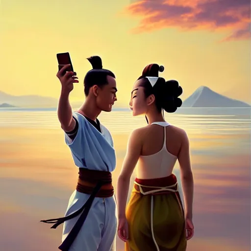 Image similar to beautiful serene intricate portrait of sokka and suki taking a selfie, smiling softly, relaxing on the beach, golden hour, soft focus, 8 k, art by irakli nadar, hyperrealism, hyperdetailed, ultra realistic