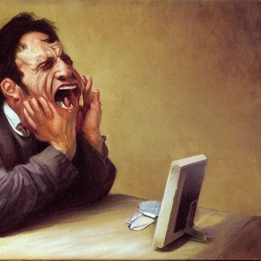 Image similar to an angry man screams at his computer monitor, oil on canvas, 1 8 8 3, highly detailed