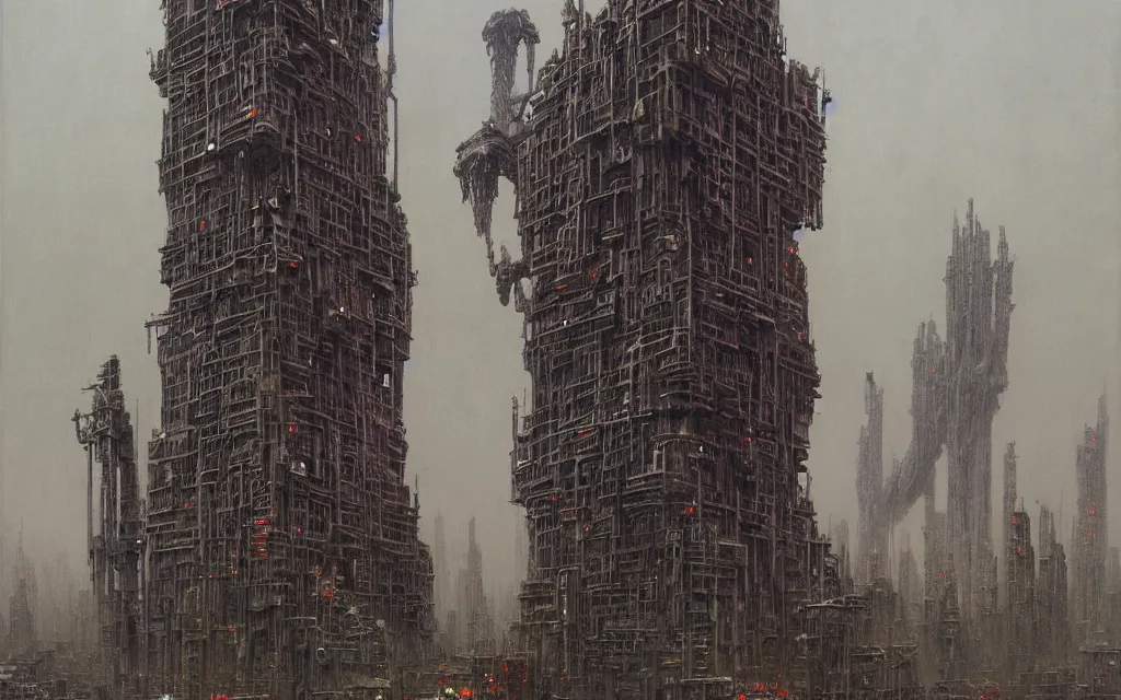 Prompt: gigantic mechanic megastructure tower, gothic, warhammer, cyberpunk, highly detailed, artstation, art by zdislav beksinski and wayne barlowe