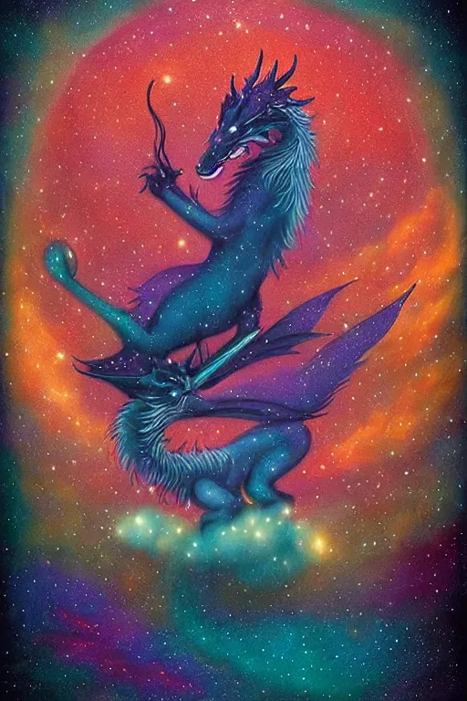 Image similar to surreal hybrid dragon and fox, Dream, magic realism, flowerpunk, mysterious, a midnight sky of nebula and starry space, vivid colors, by andy kehoe, amanda clarke