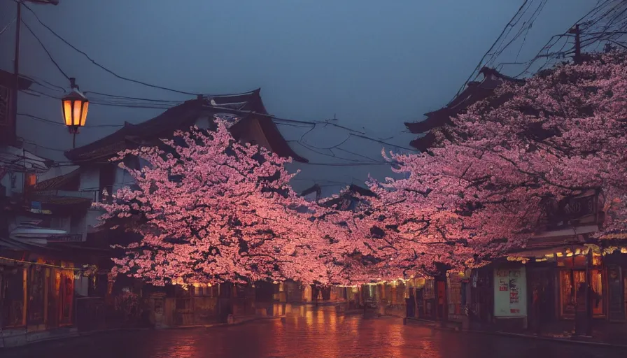 Prompt: a Wes Anderson 35mm film still of a very surreal magic small mountain town, like Kyoto, and Paris, golden hour, clean, falling cherry blossom pedals, in the style of Gucci, James Jean color palette, glowing warm lights and floating lanterns, foggy atmosphere, waterfalls, rainy, moody, muted colors, magic details, high detail, high resolution, 8k, cinematic look, octane render, psychedelic,