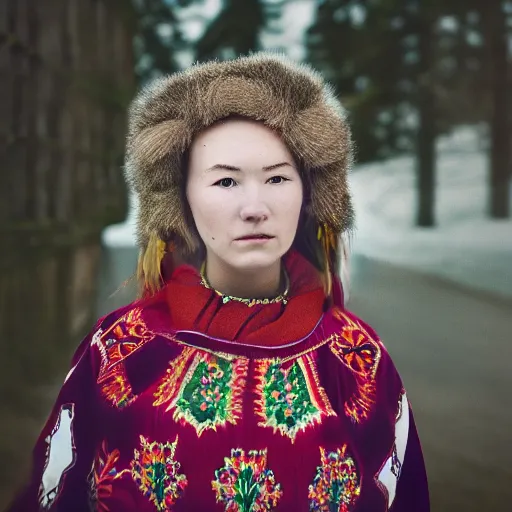 Prompt: an extremely beautiful!!!! young blonde woman with symmetric face. sensual. wearing traditional greenlandic national dress. in front of her house. petzval lens. shallow depth of field. on flickr, award winning. ethnographic portraiture photograph