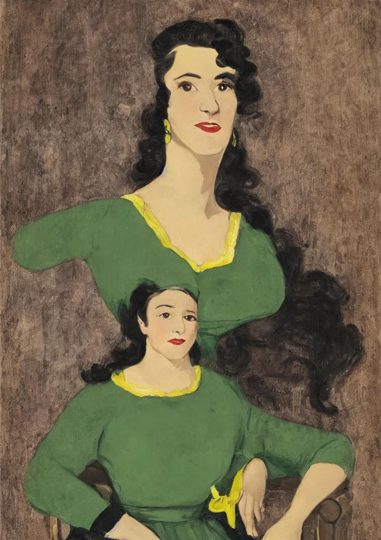 Prompt: a portrait of a young woman from the fifties, seated in front of a landscape background, her black hair is a long curly, she wears a dark green dress pleated in the front with yellow sleeves, puts her right hand on her left hand, mannerism