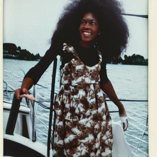 Prompt: a medium full shot, german and eastern european mixture polaroid photograph depicting a black woman with dark brown skin, long, swirling black hair, and jade colored eyes, on a sailing boat. she is wearing wearing a yachting dress ensemble in 1 9 8 2.