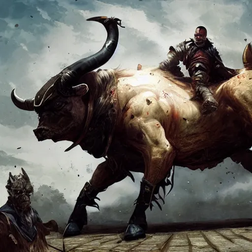 Image similar to Walter white as a dark fantasy warrior riding a bull, made by Greg Rutkowski