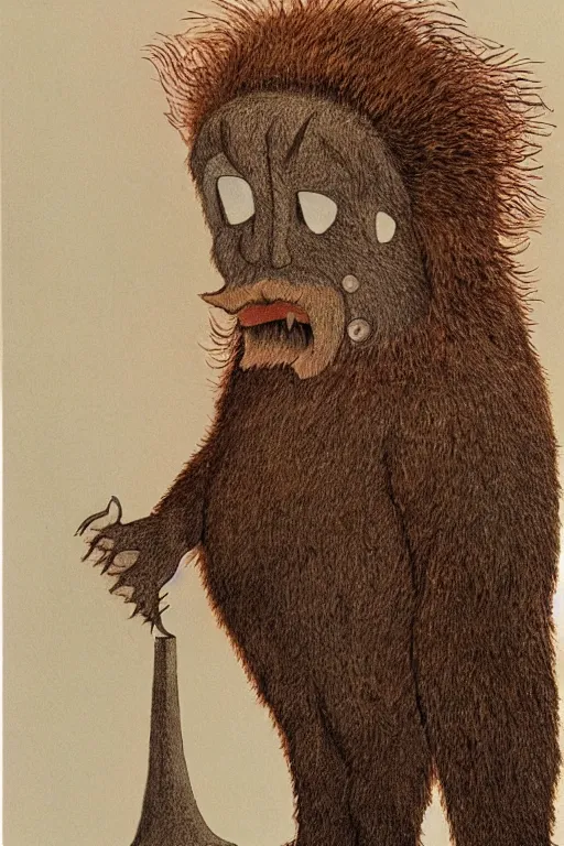 Prompt: Artwork by Maurice Sendak of Abe the Forgotten Beast, A towering humanoid composed of rose gold, with a gaunt appearance and a matted grey fur