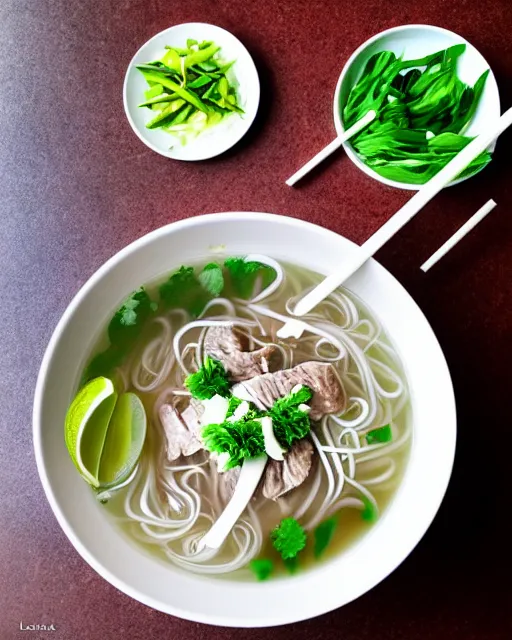 Prompt: realistic photo of delicious pho, bowl, white kitchen table, marble, highly detailed, by louise lister, sara ali, mary devinat, kailee mandel, masterpiece, award winning, food photography