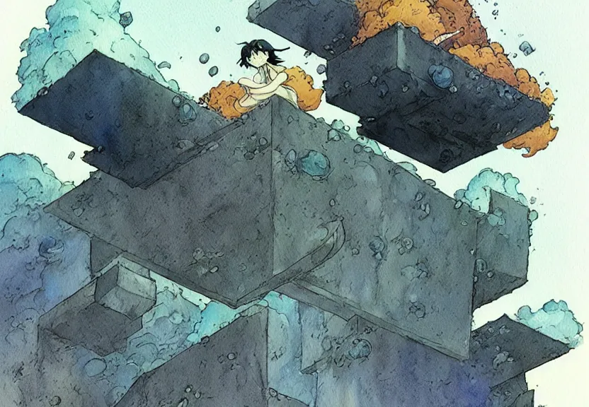 Image similar to a simple watercolor fantasy concept art of a giant dark grey cube inside a force field floating in the air. by studio ghibli, rebecca guay, michael kaluta, charles vess