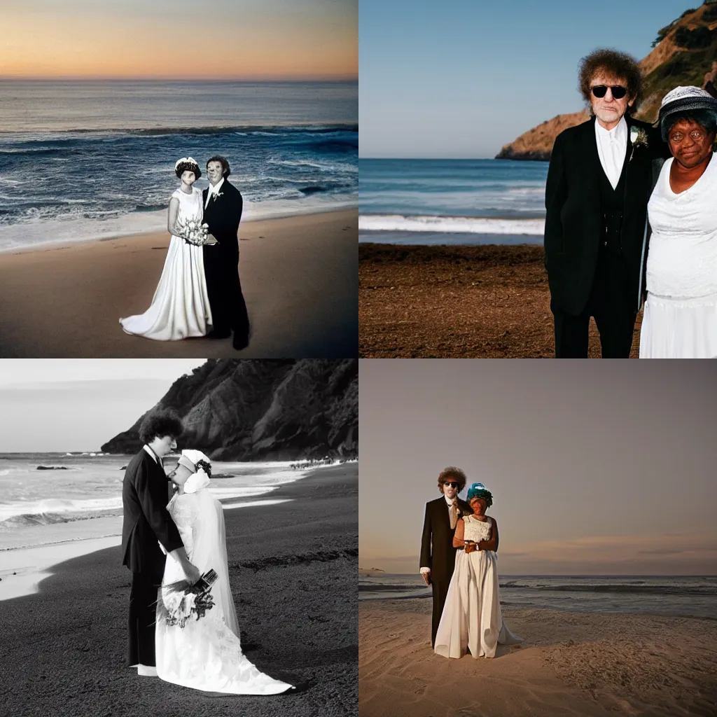 Prompt: the malibu beach wedding of Bob Dylan and Moms Mabley, professional color photography, cinematic photography, star wars, trending, professional, 8k, detailed face, HD