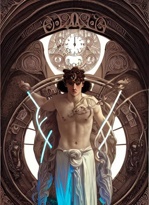 Image similar to the god hermes, young man, curly blond hair, glowing eyes, volumetric lights, cyan and white scheme, art nouveau botanicals, gothic, intricate, highly detailed, digital painting, artstation, concept art, smooth, sharp focus, symmetric face, illustration, steampunk, art by artgerm and greg rutkowski and alphonse mucha