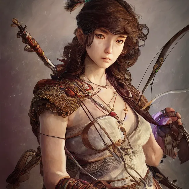 Image similar to the portrait of lawful neutral semi - colorful female archer huntress as absurdly beautiful, gorgeous, elegant, young girl, an ultrafine hyperdetailed illustration by kim jung gi, irakli nadar, intricate linework, bright colors, octopath traveler, final fantasy, unreal engine 5 highly rendered, global illumination, radiant light, detailed and intricate environment