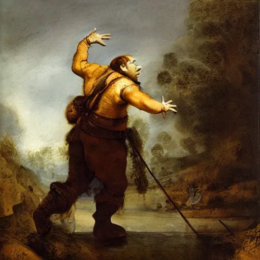 Prompt: Shrek walking on water, oil painting on canvas (1756), rembrandt