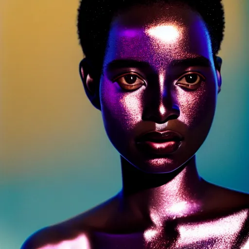 Prompt: portrait of african woman, iridescent metallic face, mercury, mirror reflections, smooth, liquid metal, proud, looking away, outdoor, blue sky, fashion advertising campaign, 8 k, realistic, depth of field, highly detailed, award winning photography, by richard mosse