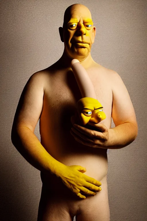 Prompt: studio portrait of man that looks excactly like homer simpson, lookalike, as if homer simpson came to life, soft light, black background, fine details, close - up, award winning photo by eric lafforgue