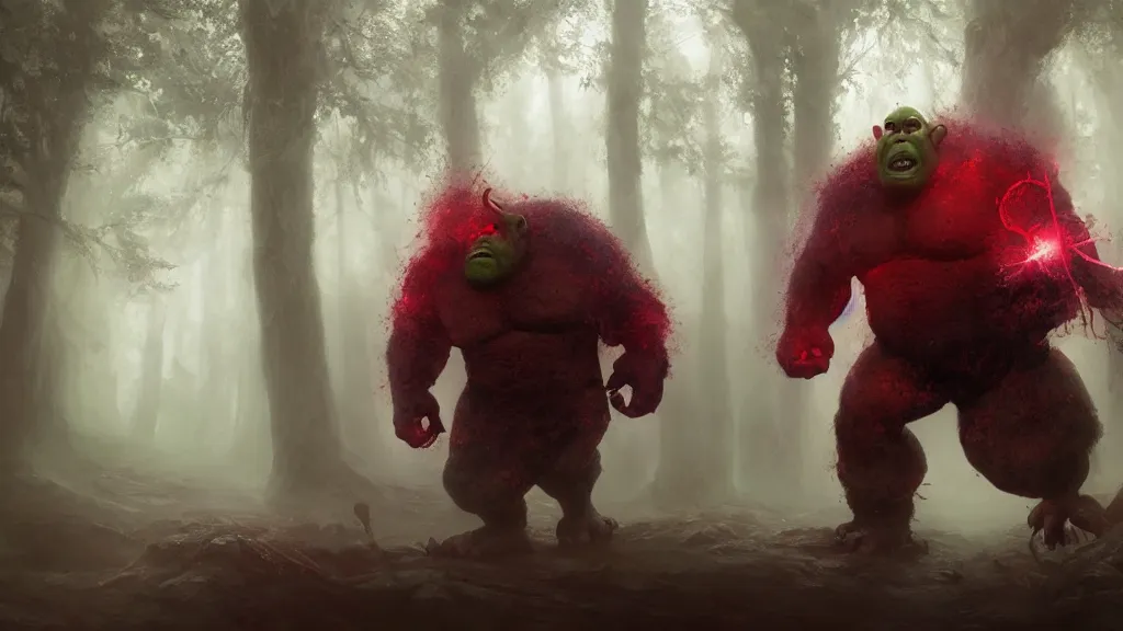 Image similar to An ogre holding a red glowing shield in a foggy Forrest, highly detailed oil painting, epic fantasy art, abstraction, masterpeice, 8k