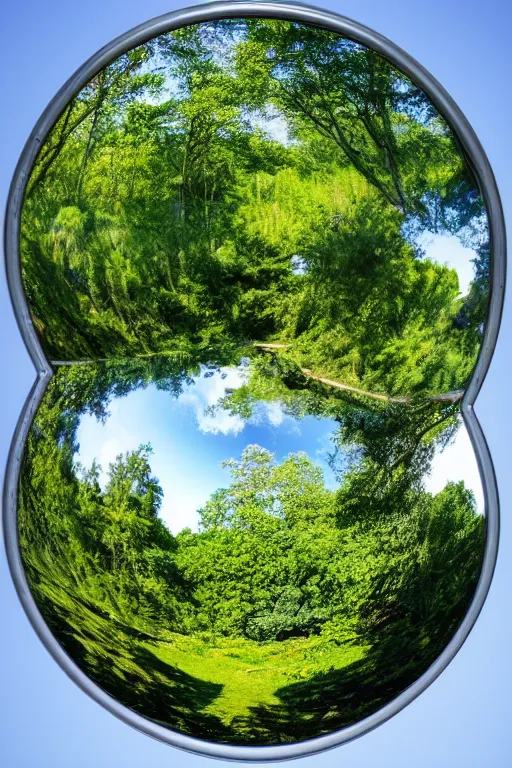 Image similar to a mirror sphere sitting in a lush forest