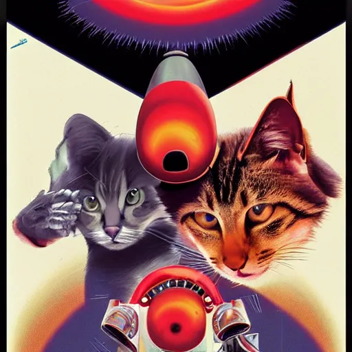 Prompt: a retro movie poster for a sci - fi film about cats in space designed by al kallis 8 k