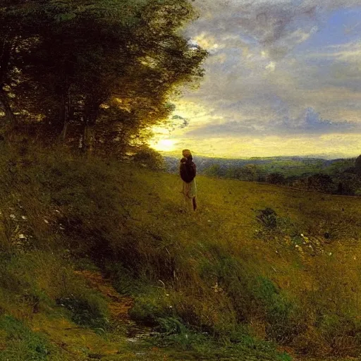 Image similar to Wanderer looking at a lush valley, distant forest, sunset, sunrays, masterful painting by John Everette Millais