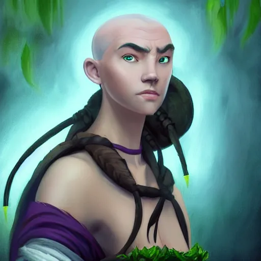 Image similar to A professional digital portrait painting of a D&D druid, painted in the style of Avatar: The Last Airbender, 4k, digital art, trending on cgsociety, highly detailed, upper body shot, shallow depth of field, purple and yellow lighting, professional lighting, airbrush,