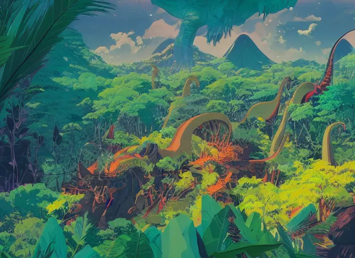 Image similar to psychedelic art of dinosaurs and volcanoes, jungle landscape, detailed, cel shaded, by makoto shinkai and moebius and anton fadeev and james gurney