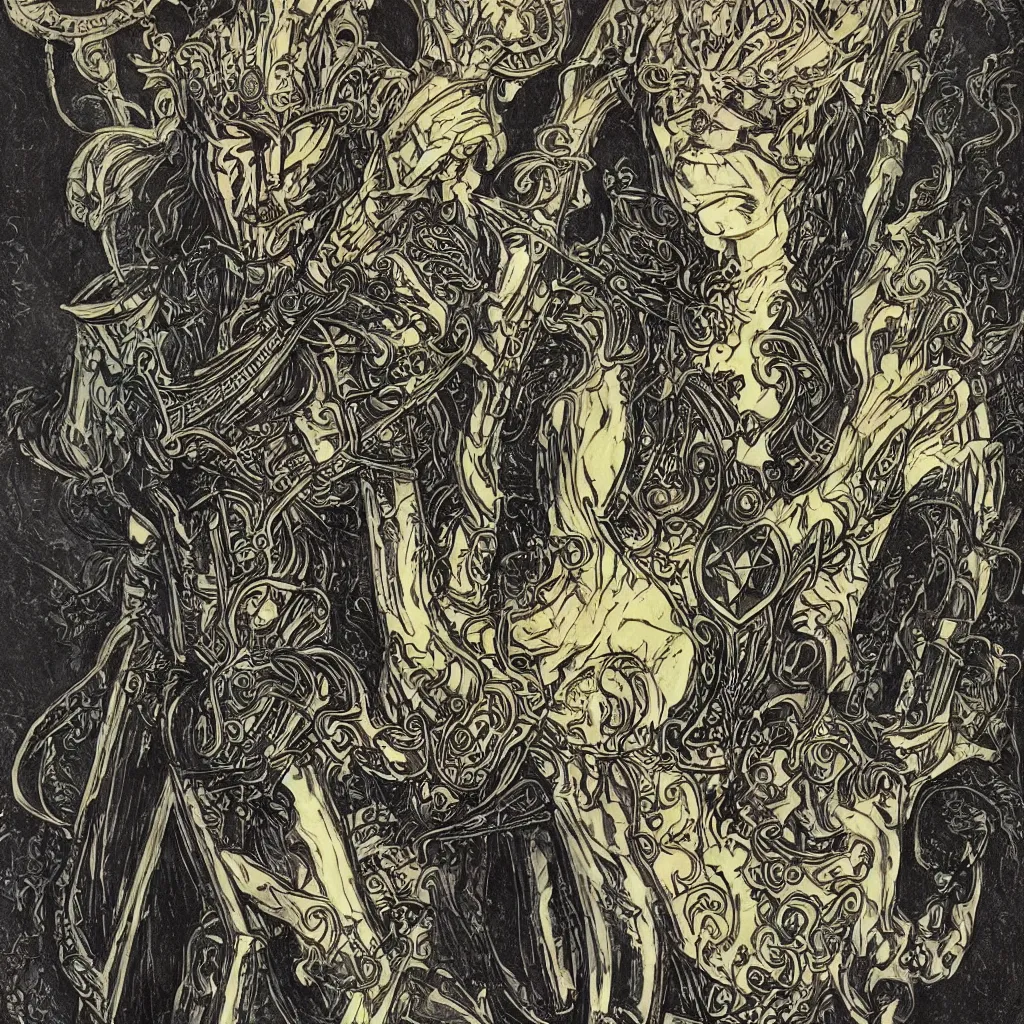 Image similar to A colorful art nouveau bust portrait of Elric in black shining armor, holding a rune-engraved black broadsword that glows with eldritch power, wearing an intricately detailed chaos star crown, by P. Craig Russell, Michael Kaluta and Jia Ruan, fantasy, crisp lighting and edges, dark ambience, malevolent expression, determination, fear, confidence, accurate symmetrical facial details, aquiline facial features, medieval fantasy designs, white wolf, anime style