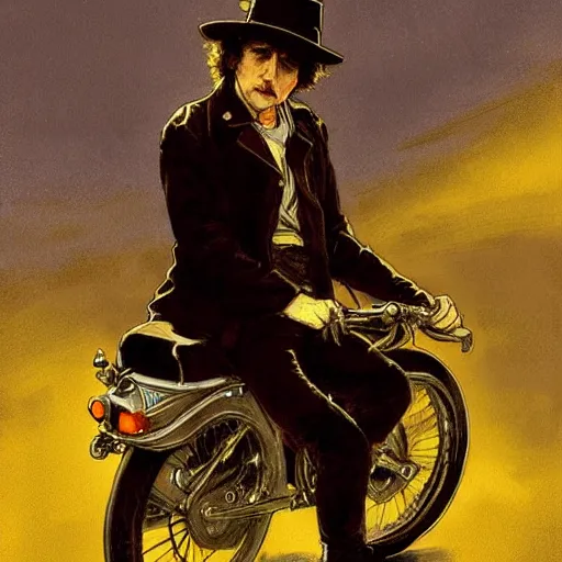 Image similar to character portrait of bob dylan riding his motor cycle and playing his guitar in the fulham football club stadium, gothic, john singer sargent, muted colors, moody colors, illustration, digital illustration, amazing values, art by j. c. leyendecker, joseph christian leyendecker, william - adolphe bouguerea, graphic style, dramatic lighting, gothic lighting