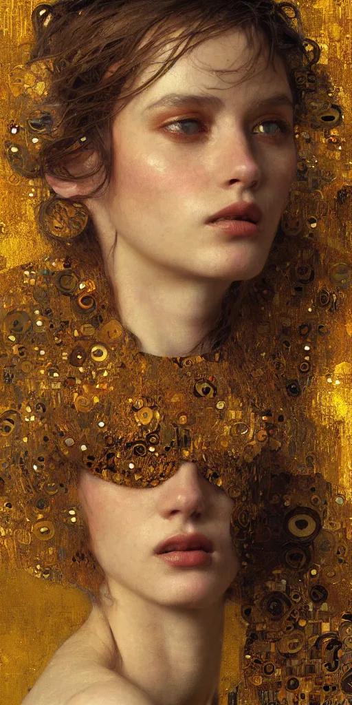 Image similar to an intricate portrait painting of an artistic pose young beautiful elegant angel, klimt golden motives and textures, hyper - detailed, octane render, vivid colors, artstation, by jeremy mann, by gustav klimt