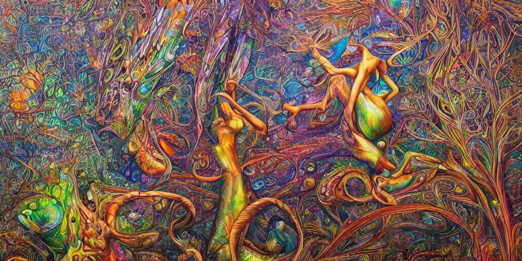 Image similar to 🌲🌌, acrylic on canvas, realism movement, breathtaking detailed, by android jones, alex grey, chris dyer, and aaron brooks, photorealistic