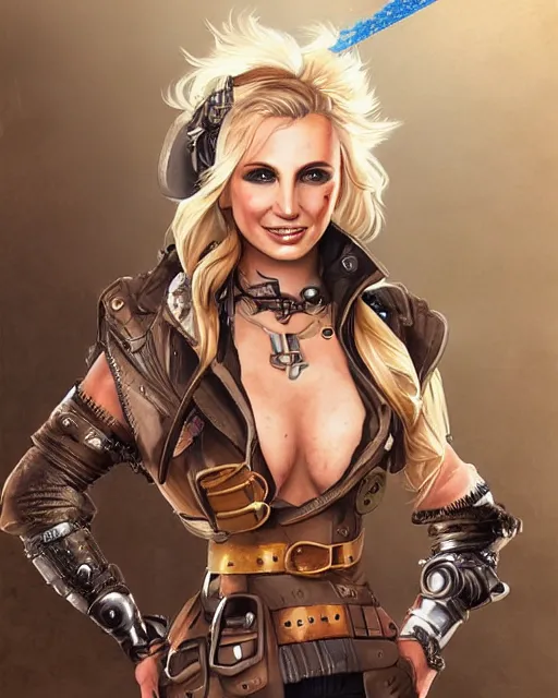 Prompt: Steampunk Britney Spears as an Apex Legends character digital illustration portrait design by, Mark Brooks and Brad Kunkle detailed, gorgeous lighting, wide angle action dynamic portrait