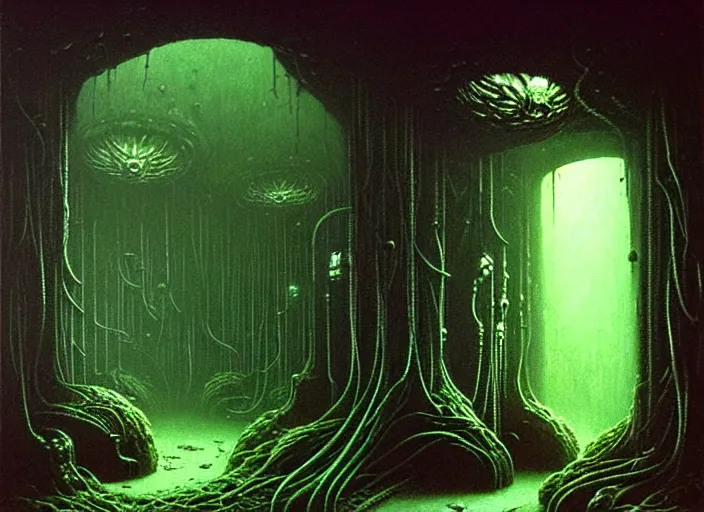 Prompt: metroid torizo dark scifi cave, overgrown, ruins, dark, spectral, cavern, light shafts, moist, damp, enigmatic atmosphere in the style of zdzisław beksinski and ( ( ( ( ( ( giger ) ) ) ) ) )