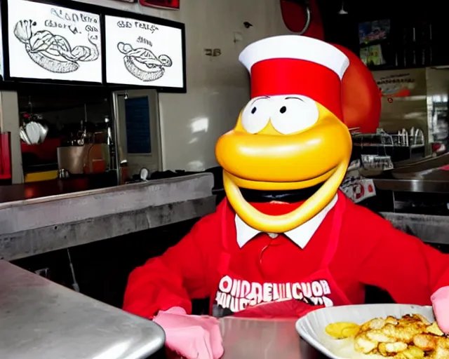 Prompt: Condorito working at a hamburger joint,