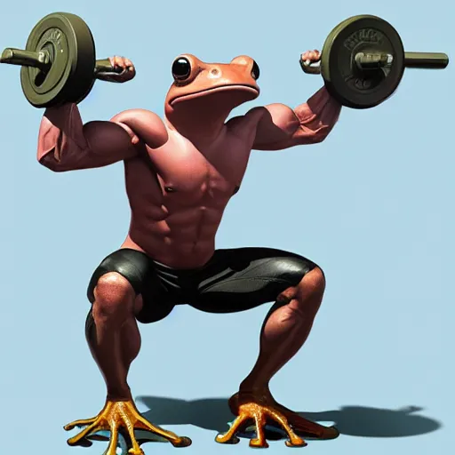 Image similar to A frog lifting weights at the gym, digital art, artstation, WLOP, CGSociety, Mandy Jurgens